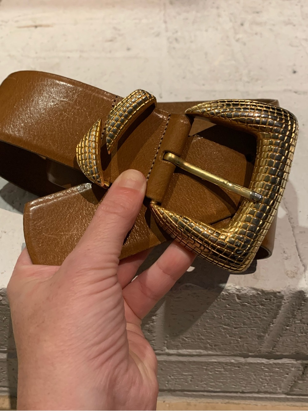 Vintage Ellen Tracy Tan Buffalo Calf Belt with Textured Gold Buckle